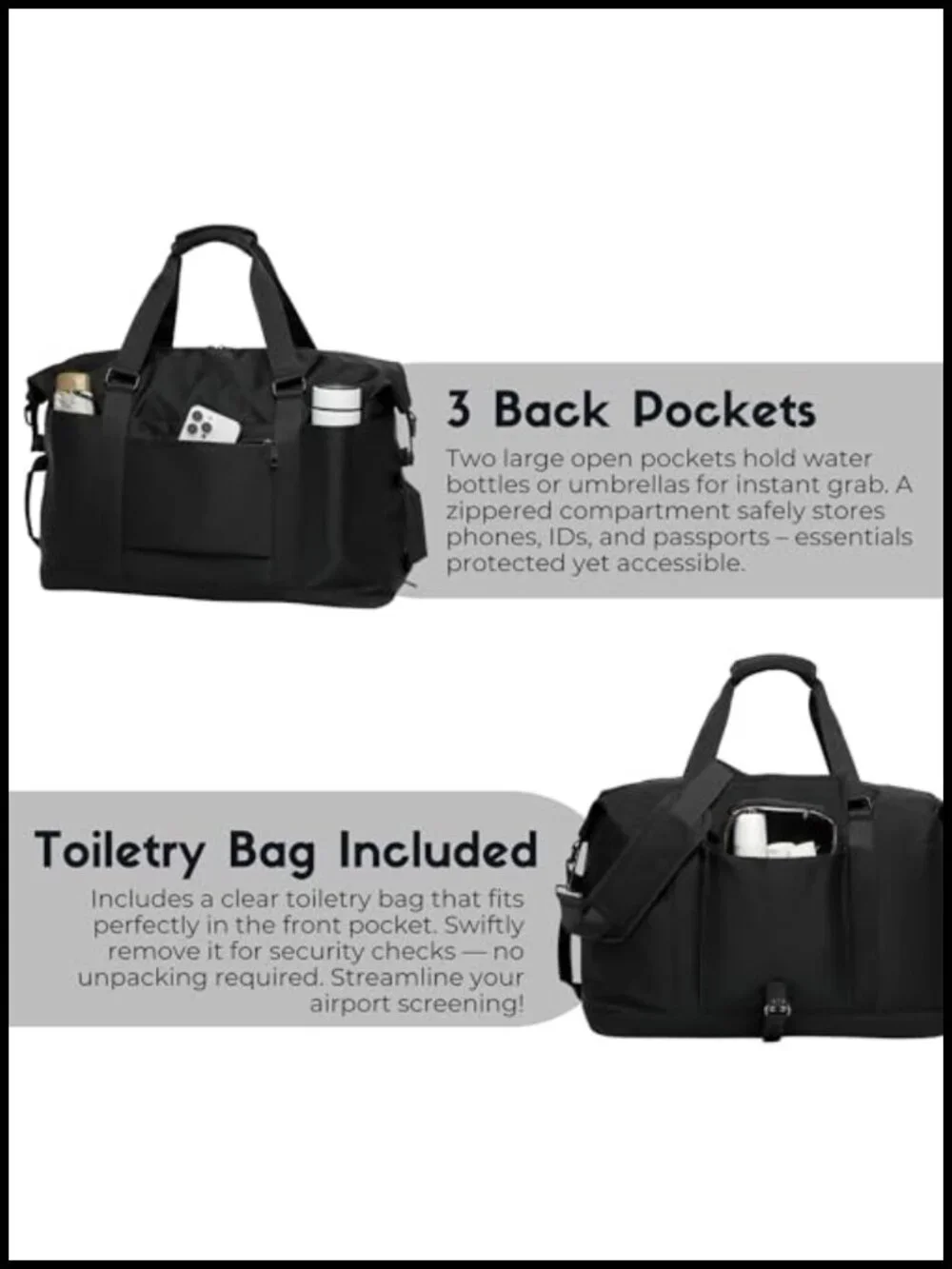40L Weekender Duffel Bag with Shoe Compartment, Nylon Travel Bag